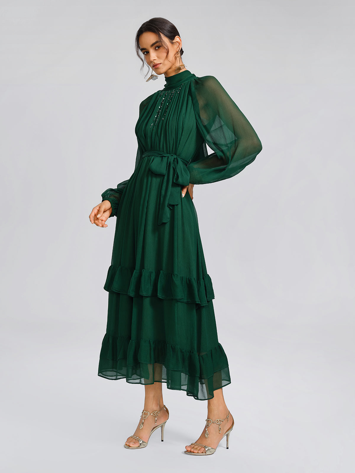 Silk Beaded Tie-Neck Dress（Waist Tie Included）
