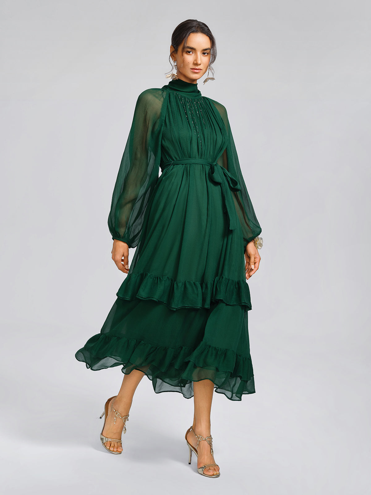 Silk Beaded Tie-Neck Dress（Waist Tie Included）