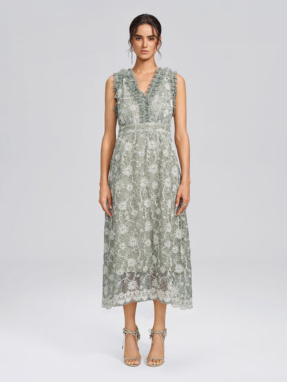 Sequin Floral Textured A-Line Ruffle Dress
