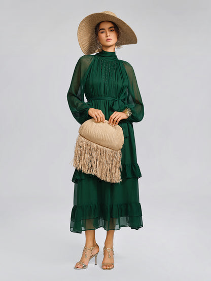 Silk Beaded Tie-Neck Dress（Waist Tie Included）