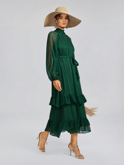 Silk Beaded Tie-Neck Dress（Waist Tie Included）