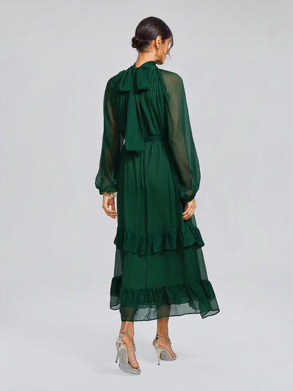 Silk Beaded Tie-Neck Dress（Waist Tie Included）