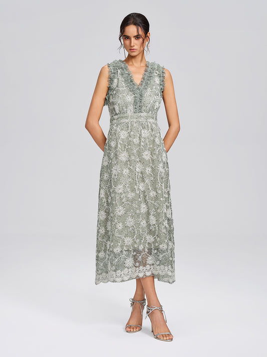 Sequin Floral Textured A-Line Ruffle Dress