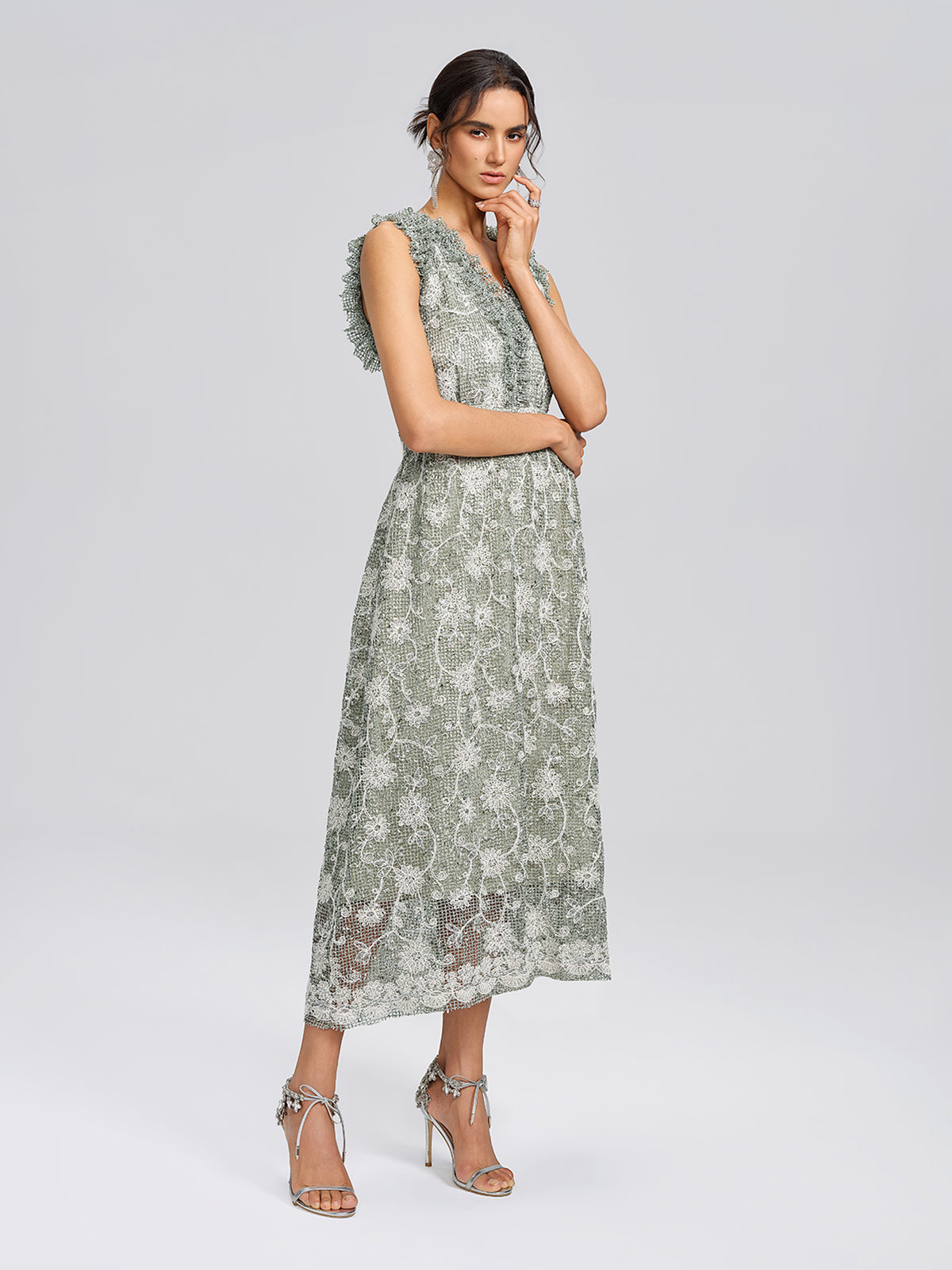 Sequin Floral Textured A-Line Ruffle Dress