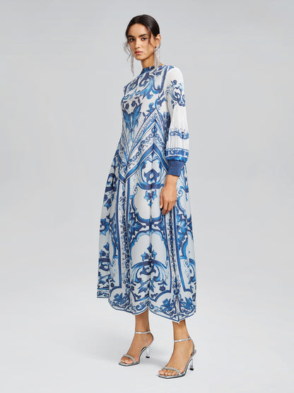 Porcelain-Inspired Pleated Pattern Maxi Dress