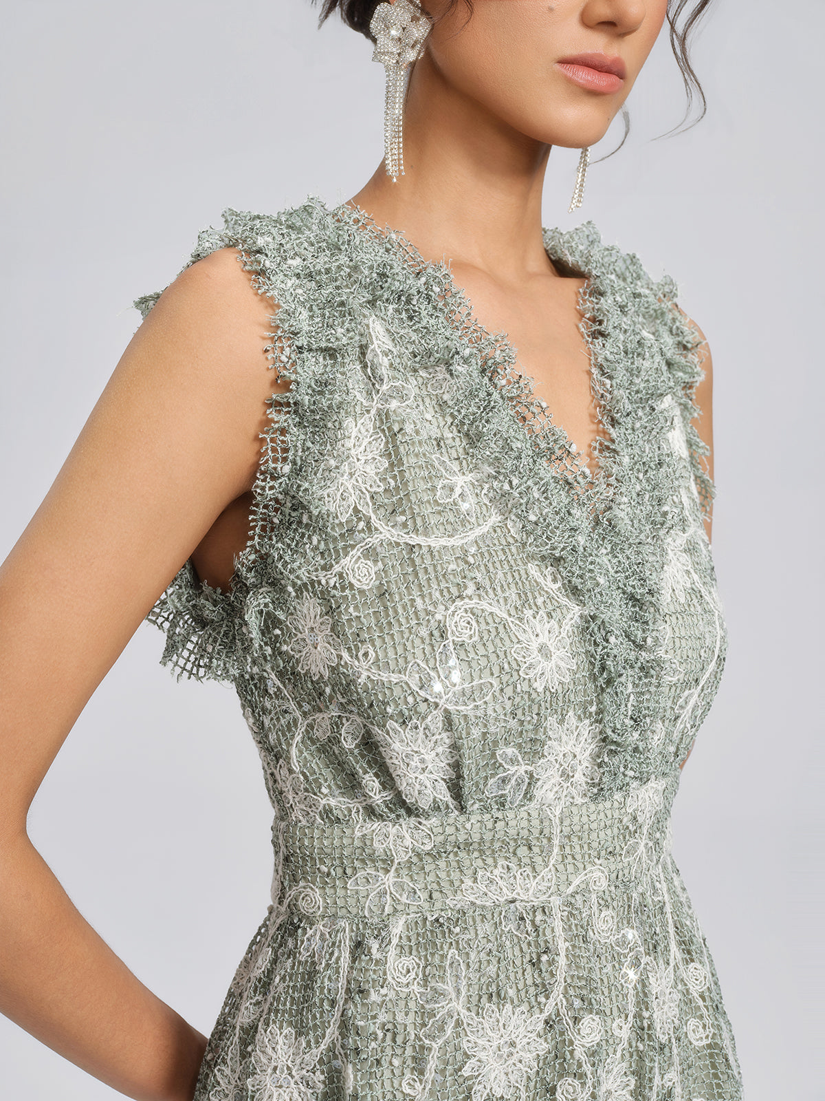 Sequin Floral Textured A-Line Ruffle Dress