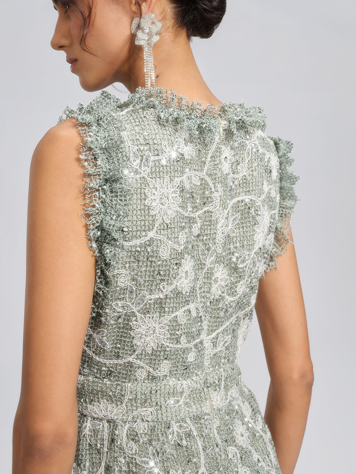 Sequin Floral Textured A-Line Ruffle Dress