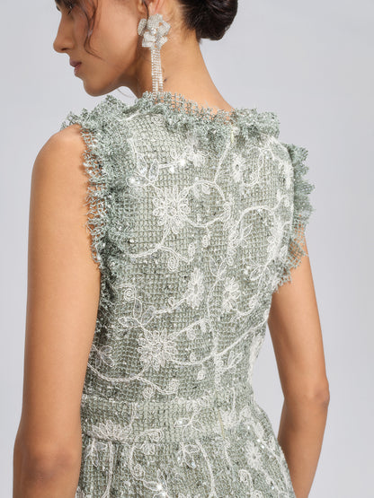 Sequin Floral Textured A-Line Ruffle Dress