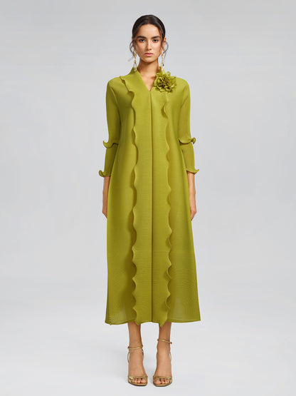 Ruffle Pleated Floral Brooch 3/4-Sleeve Gown