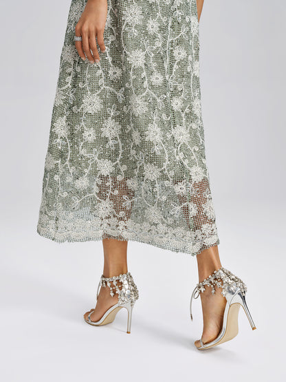Sequin Floral Textured A-Line Ruffle Dress