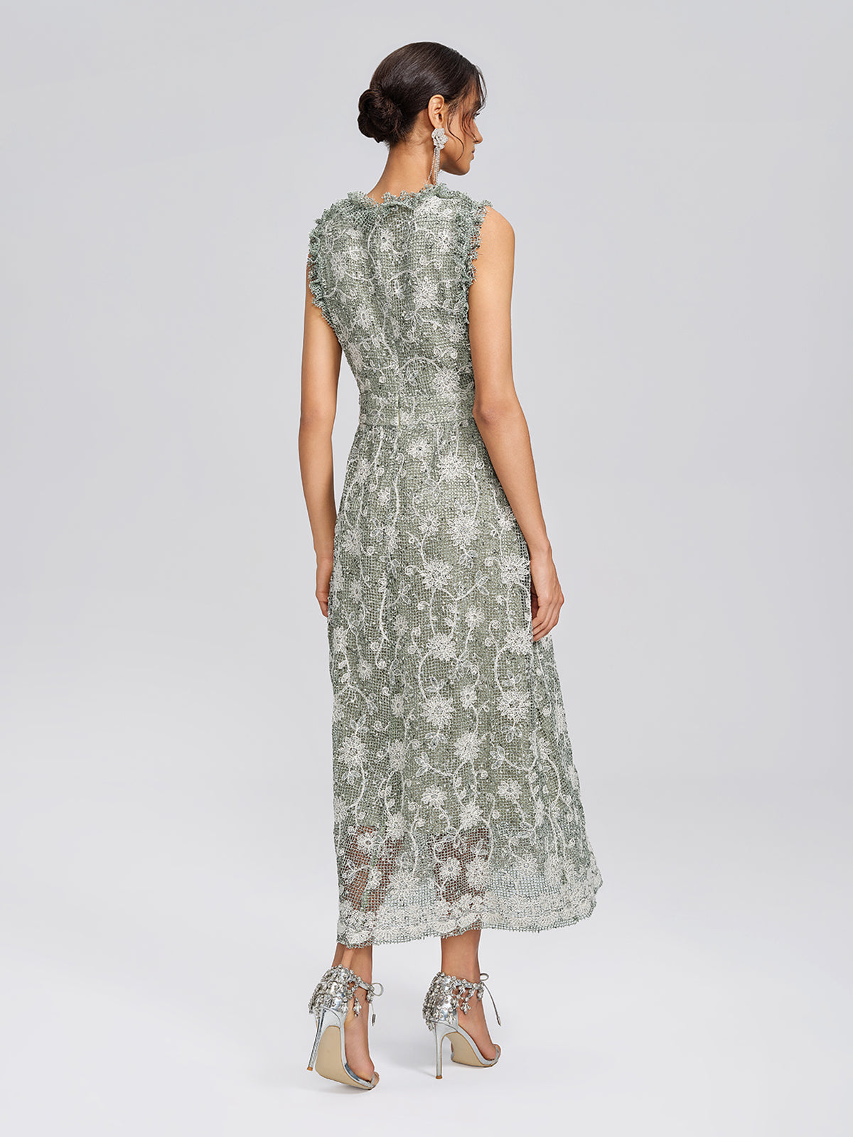 Sequin Floral Textured A-Line Ruffle Dress