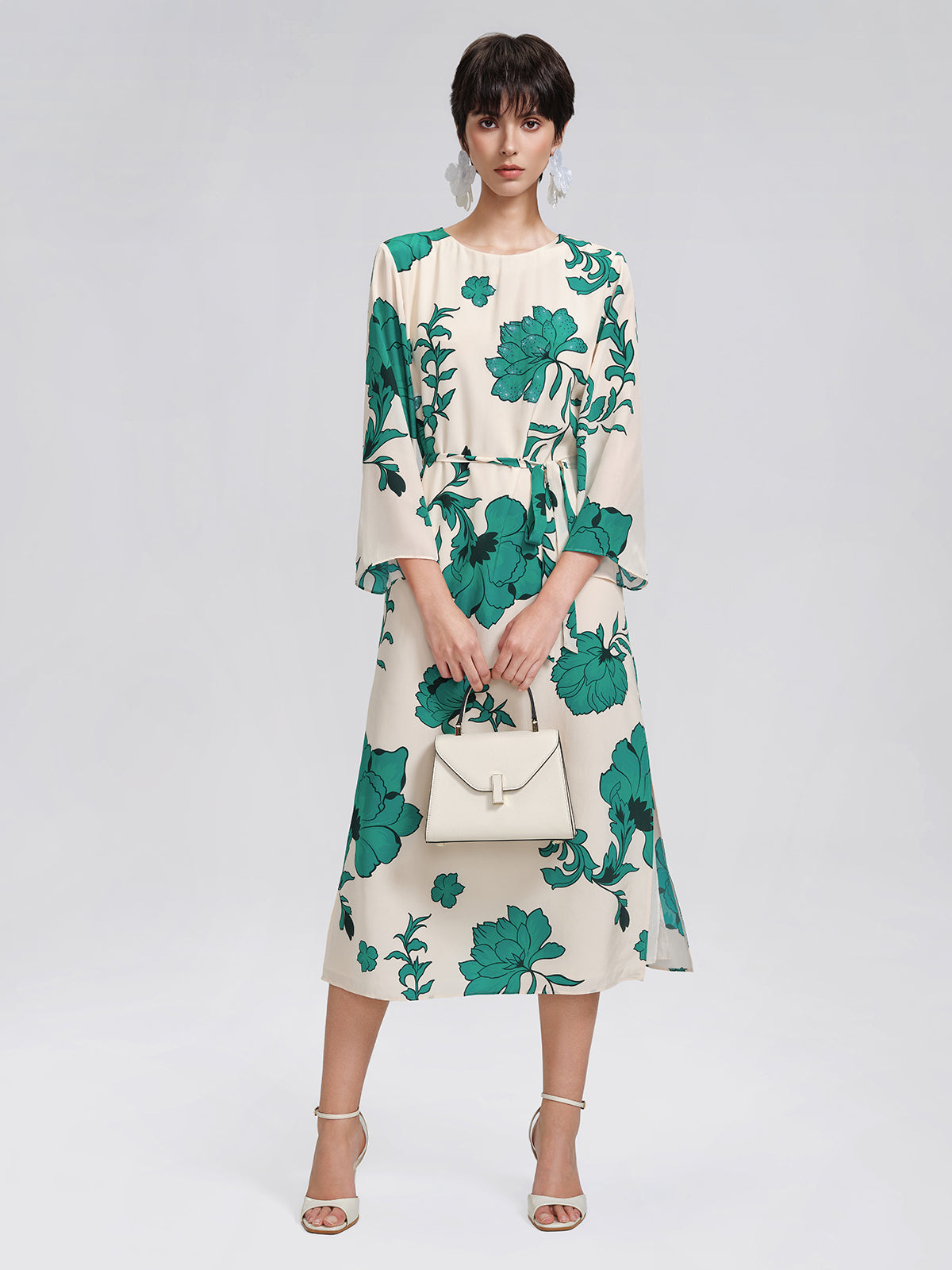 100% Silk Nine-Quarter Sleeve Straight Maxi Dress (Wait Rope Included)