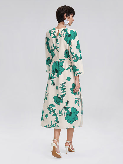 100% Silk Nine-Quarter Sleeve Straight Maxi Dress (Wait Rope Included)