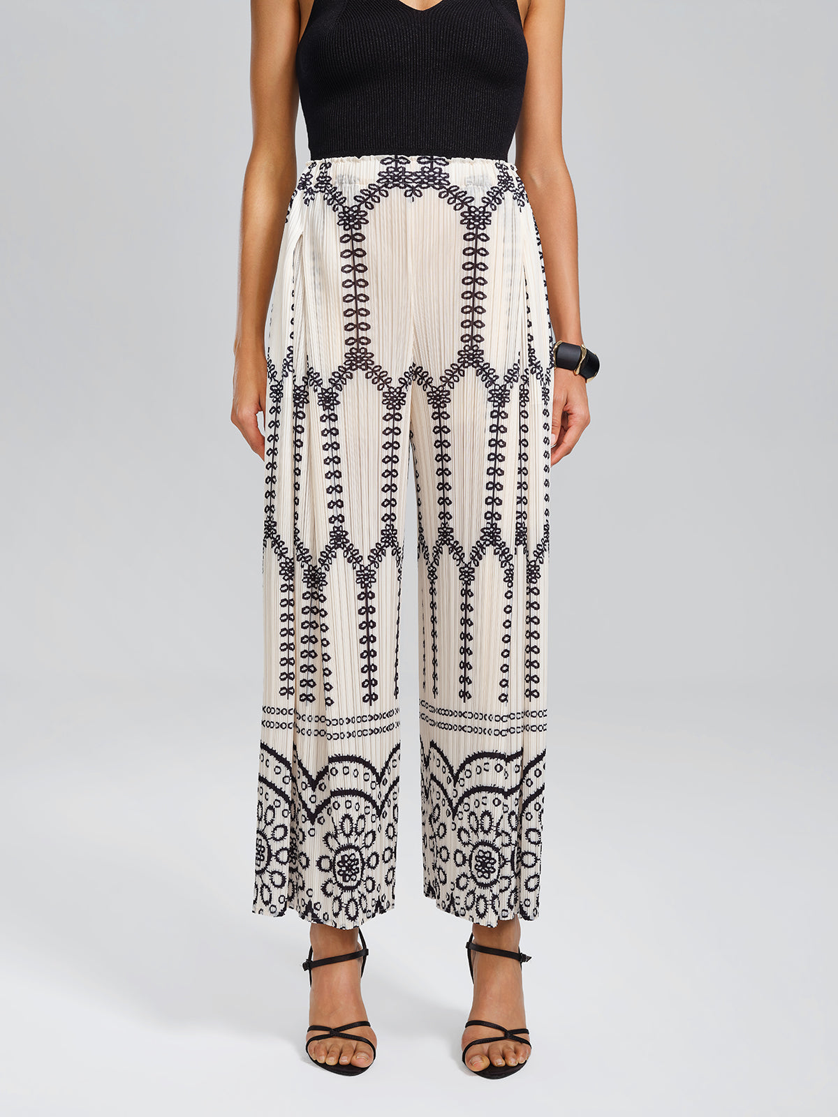 Bohemian Print Pleated Wide-Leg Pants