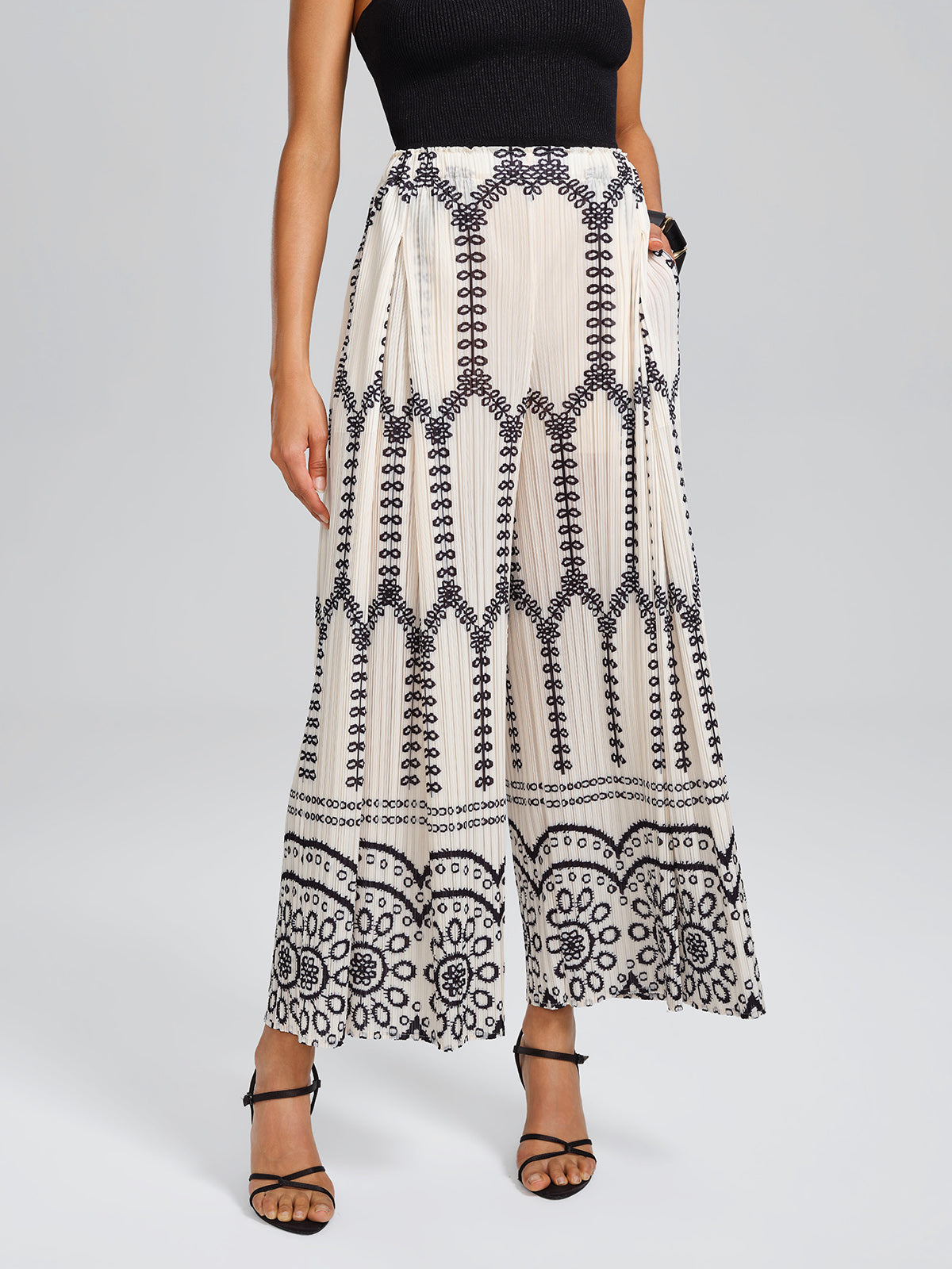 Bohemian Print Pleated Wide-Leg Pants