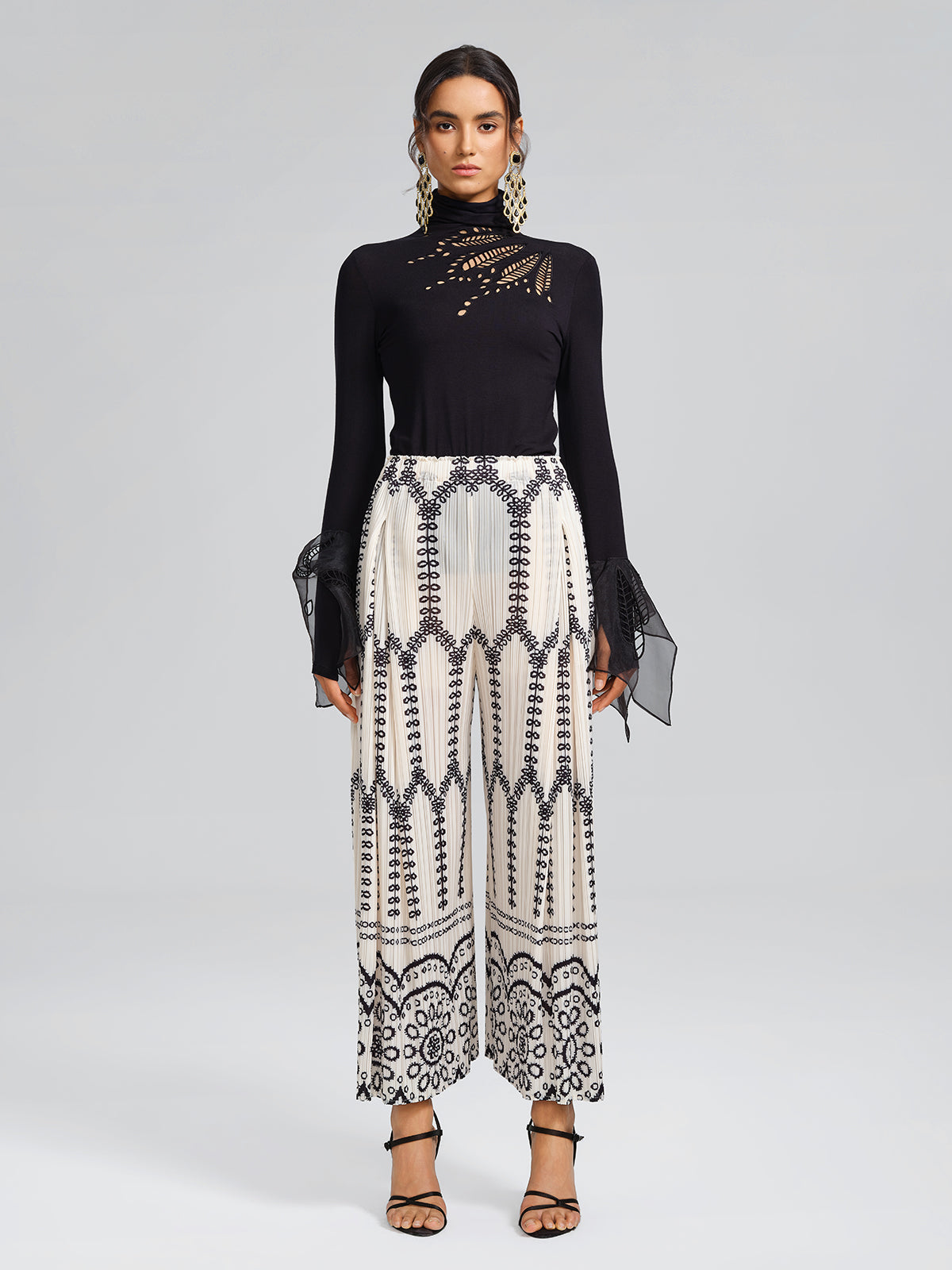 Bohemian Print Pleated Wide-Leg Pants