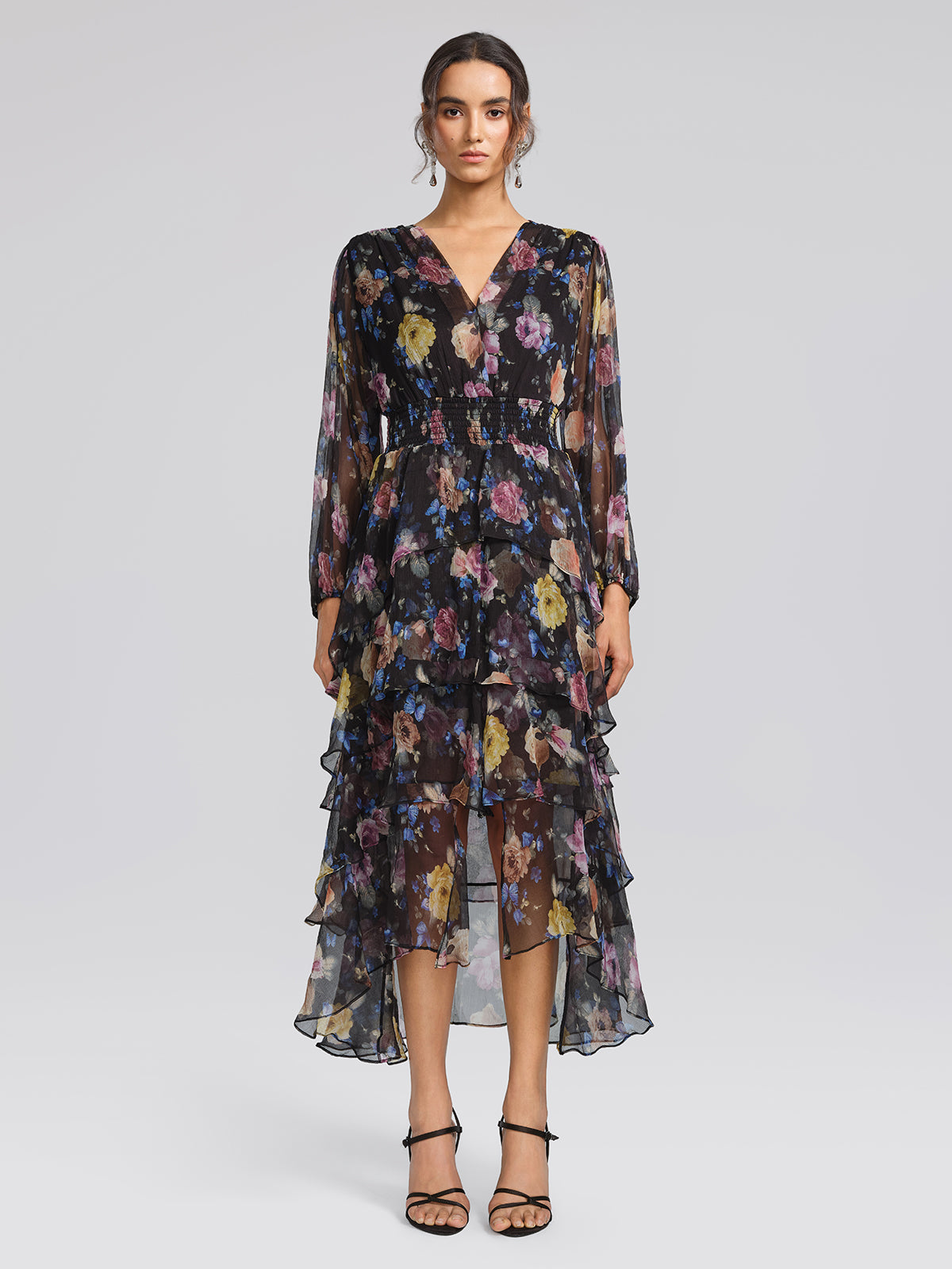 Printed Silk Elastic-Waist Tiered Dress