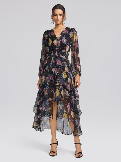 Printed Silk Elastic-Waist Tiered Dress