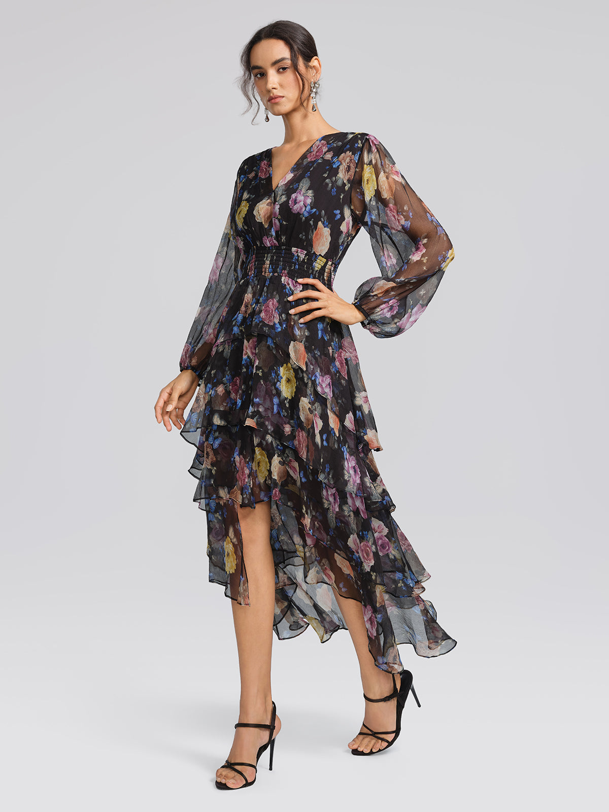 Printed Silk Elastic-Waist Tiered Dress