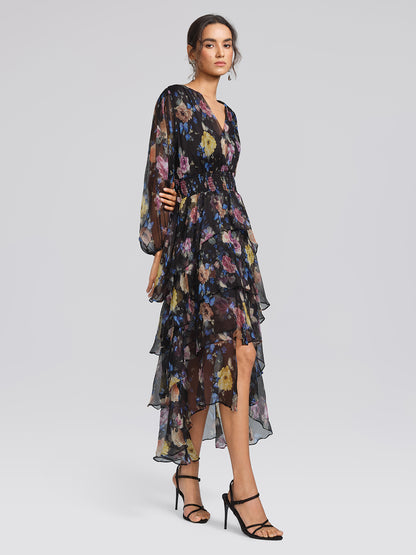 Printed Silk Elastic-Waist Tiered Dress