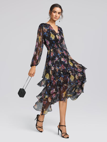 Printed Silk Elastic-Waist Tiered Dress