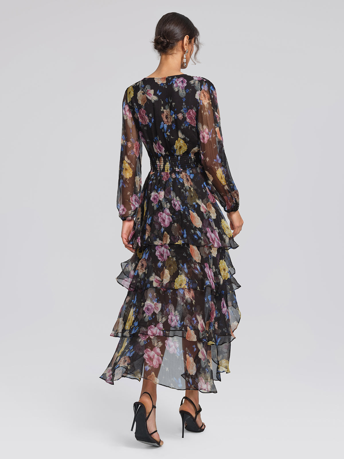 Printed Silk Elastic-Waist Tiered Dress