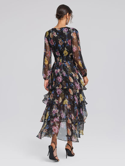 Printed Silk Elastic-Waist Tiered Dress