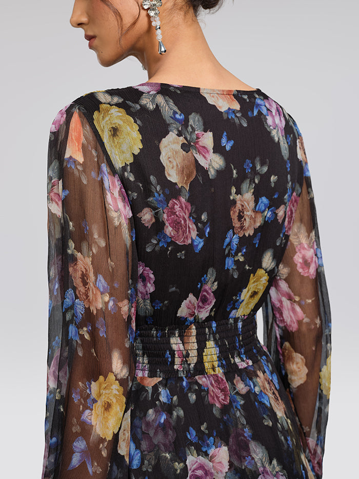 Printed Silk Elastic-Waist Tiered Dress