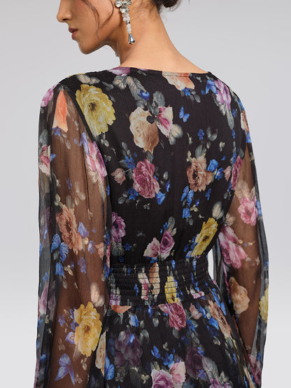 Printed Silk Elastic-Waist Tiered Dress