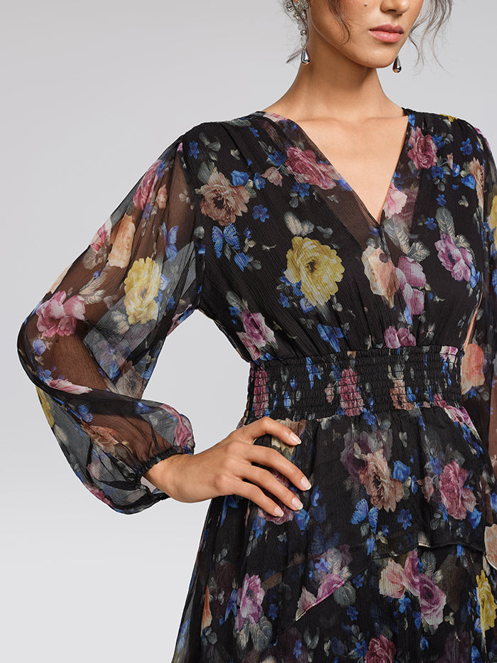 Printed Silk Elastic-Waist Tiered Dress