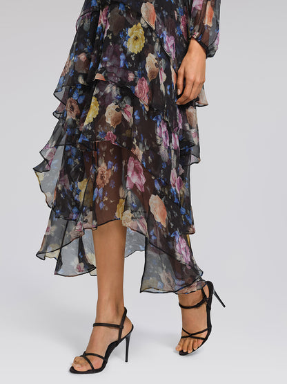 Printed Silk Elastic-Waist Tiered Dress