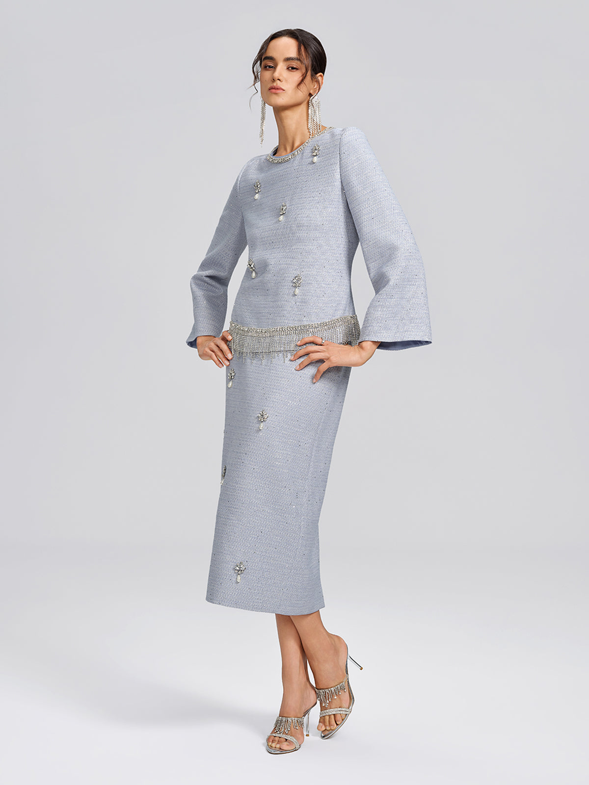 Textured Tweed Beaded Straight Skirt