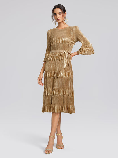 Foil Print Pleated Printed High-Stretch Dress (Waist Tie Included)