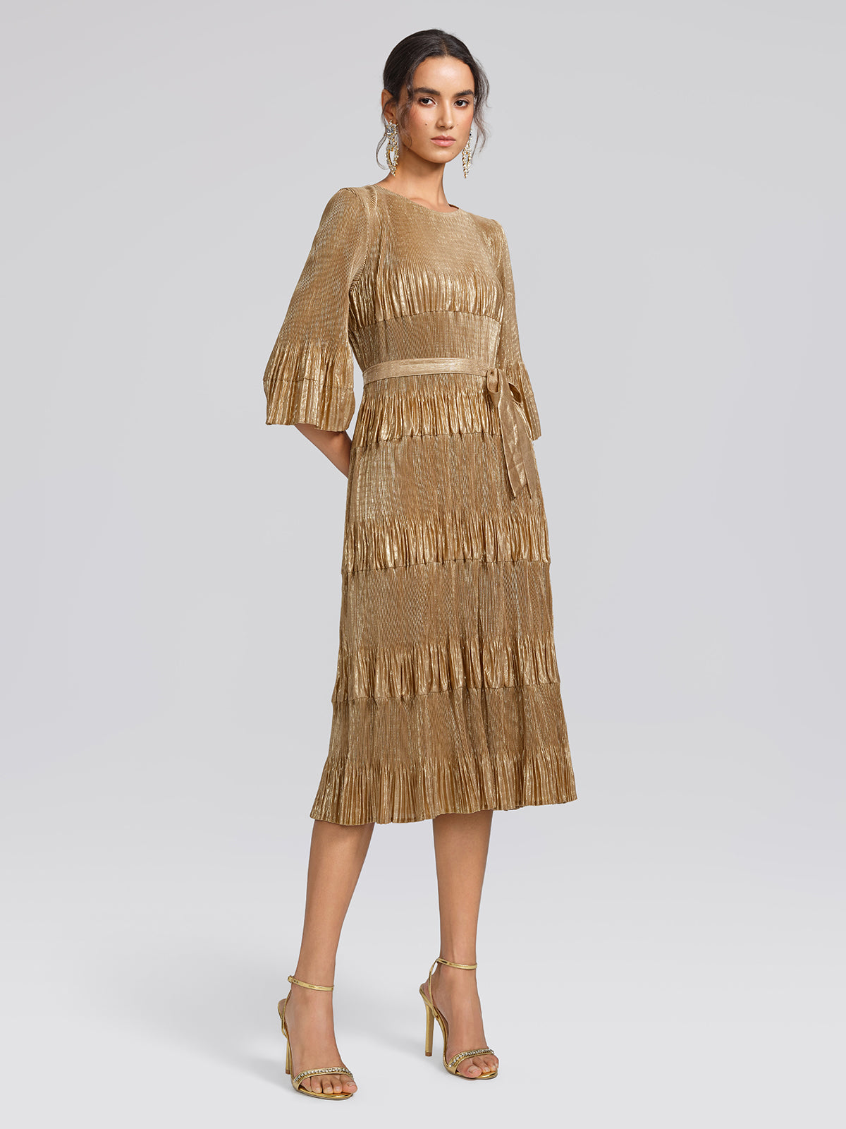 Foil Print Pleated Printed High-Stretch Dress (Waist Tie Included)