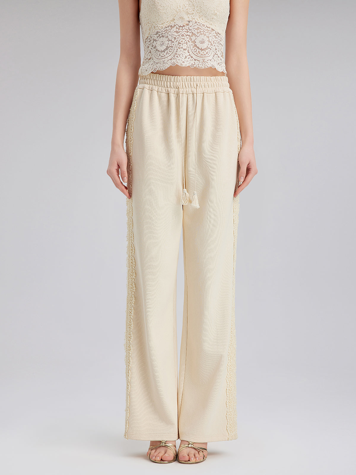 Cotton-Linen Lace Straight Kint Pants
