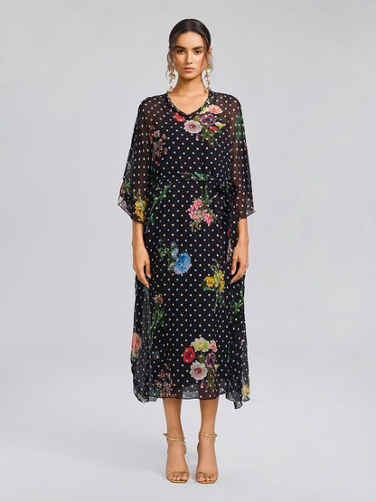 Silk Polka-Dot Print Batwing-Sleeves Dress (Slip Dress Included)