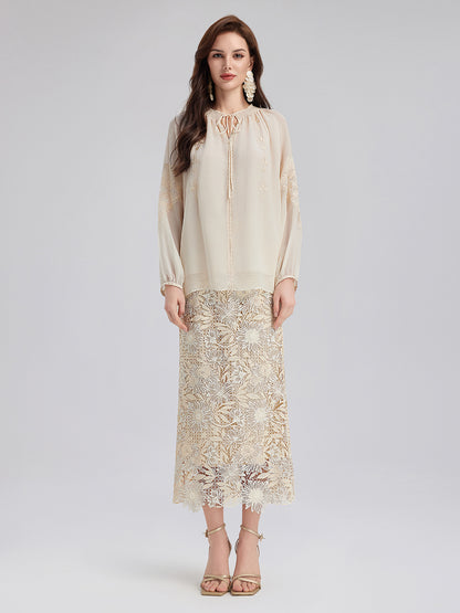 Silk Pleated Embroidered Shirt