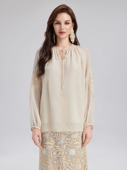 Silk Pleated Embroidered Shirt