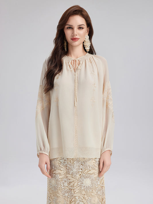 Silk Pleated Embroidered Shirt
