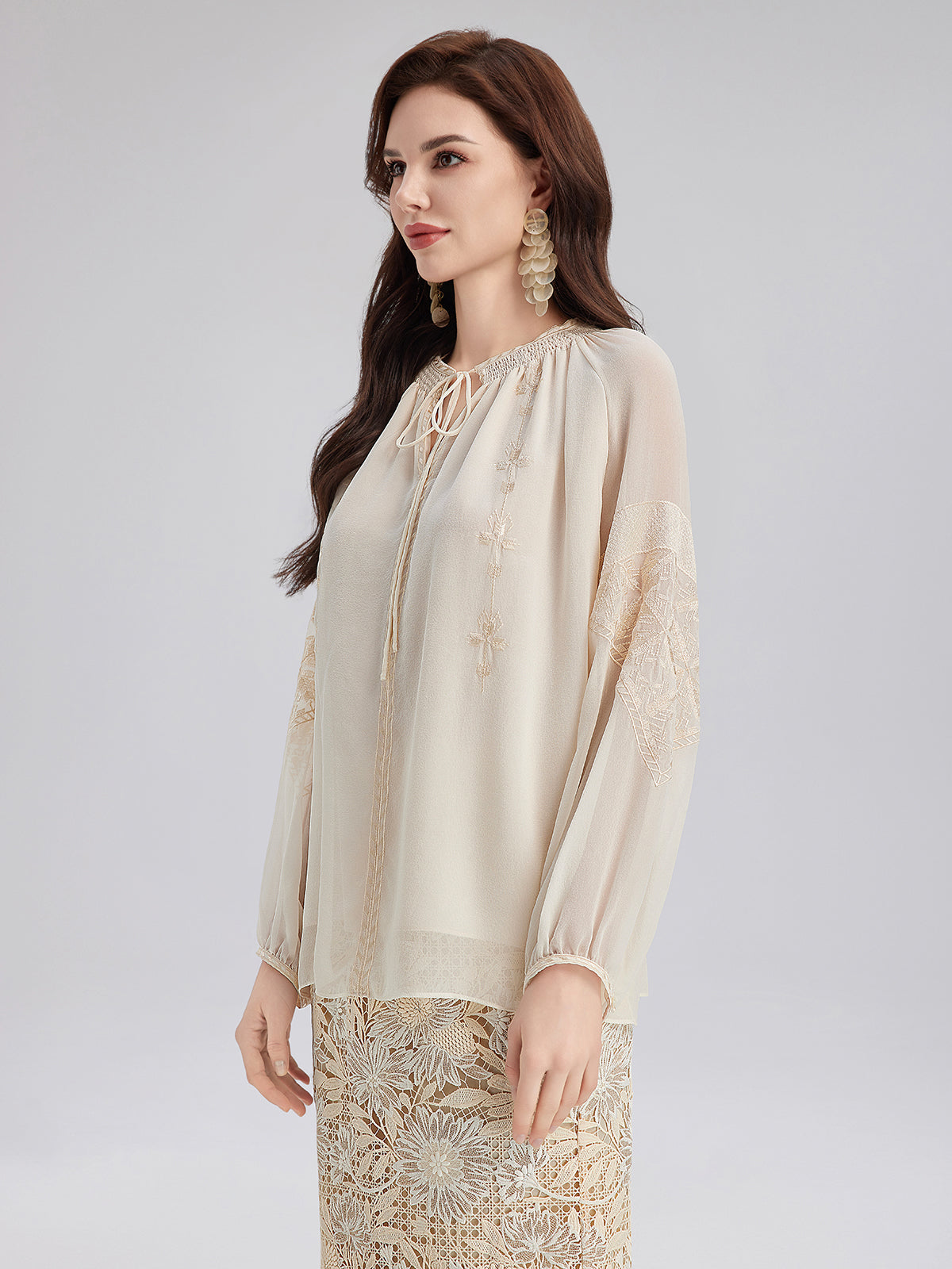 Silk Pleated Embroidered Shirt