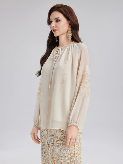 Silk Pleated Embroidered Shirt