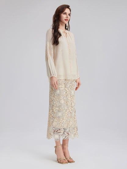 Silk Pleated Embroidered Shirt