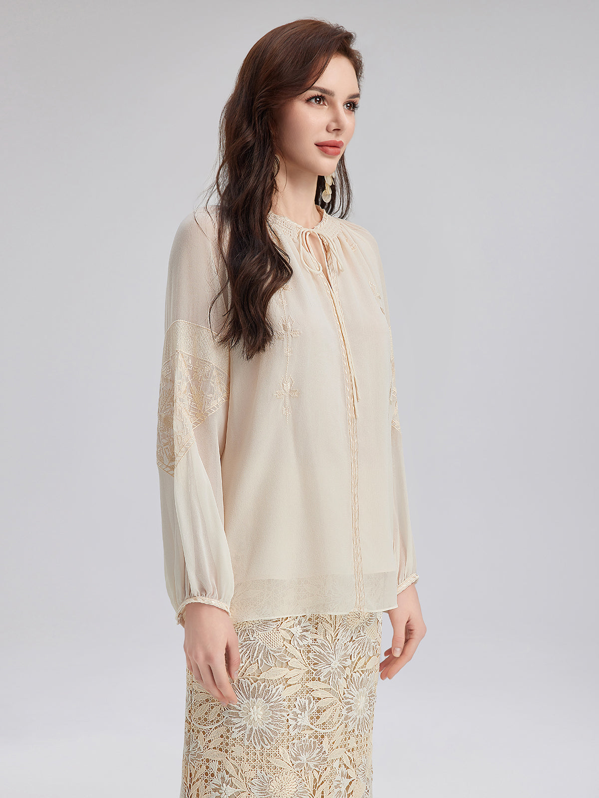 Silk Pleated Embroidered Shirt