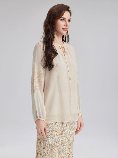 Silk Pleated Embroidered Shirt