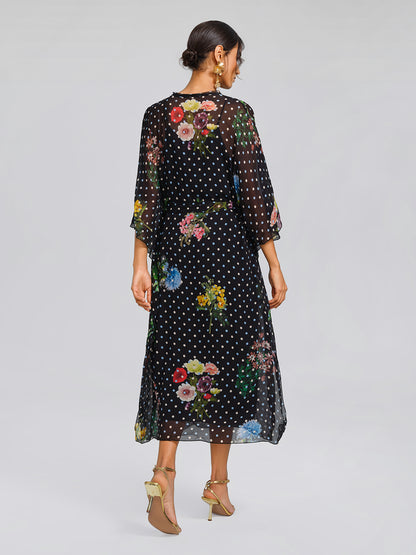 Silk Polka-Dot Print Batwing-Sleeves Dress (Slip Dress Included)