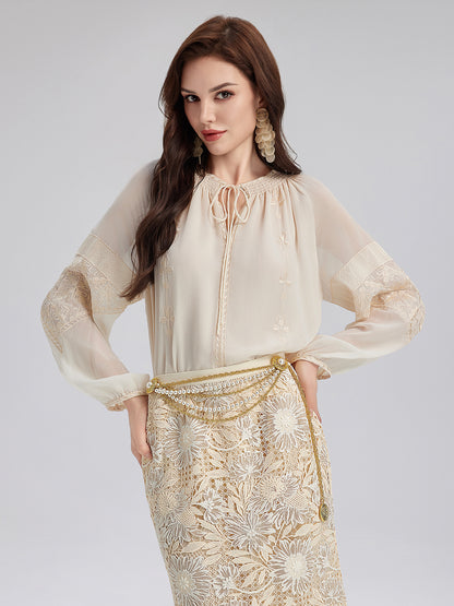Silk Pleated Embroidered Shirt