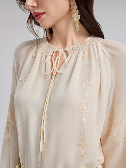 Silk Pleated Embroidered Shirt