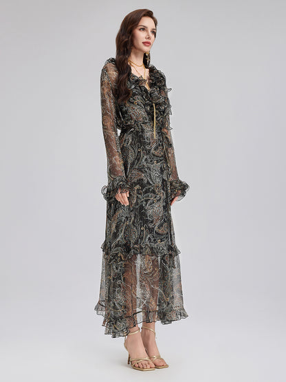 Cashew Flower Ruffle V-Neck Silk Dress