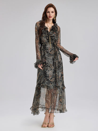 Cashew Flower Ruffle V-Neck Silk Dress