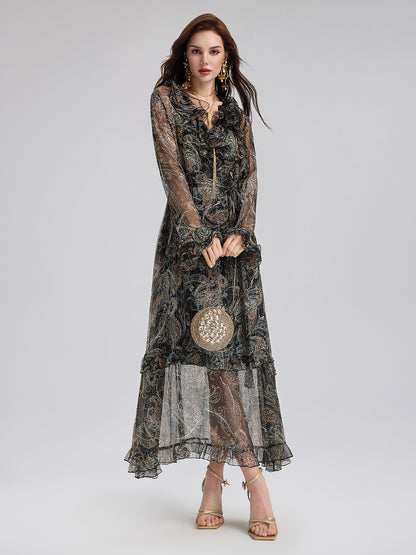 Cashew Flower Ruffle V-Neck Silk Dress